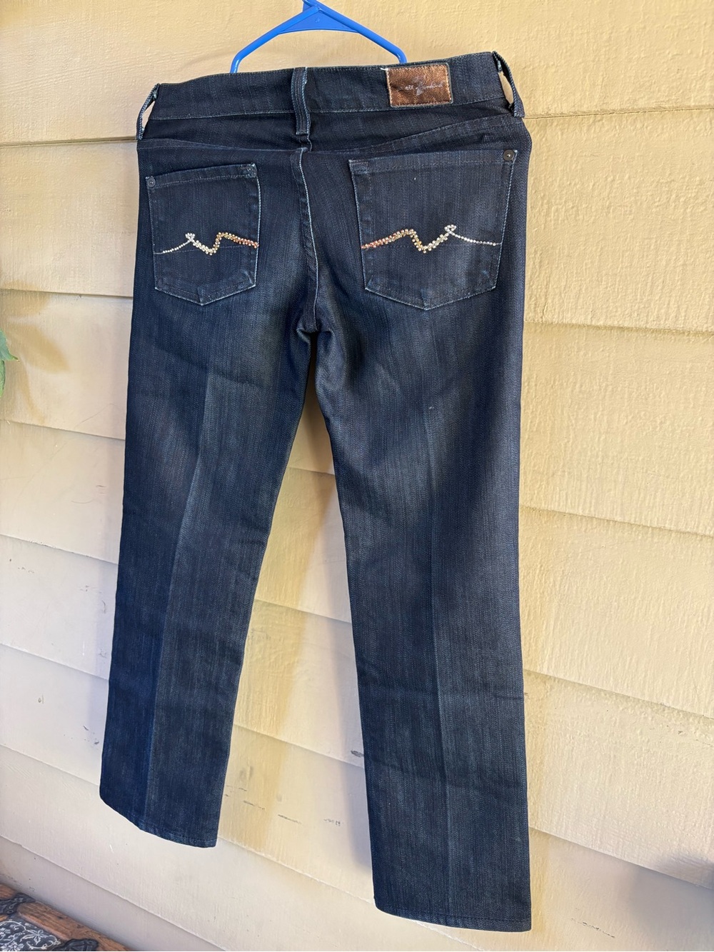 7 For All Mankind Dark Blue Straight-Leg Jeans with Pocket Rhinestone Detail - Picture 1 of 9